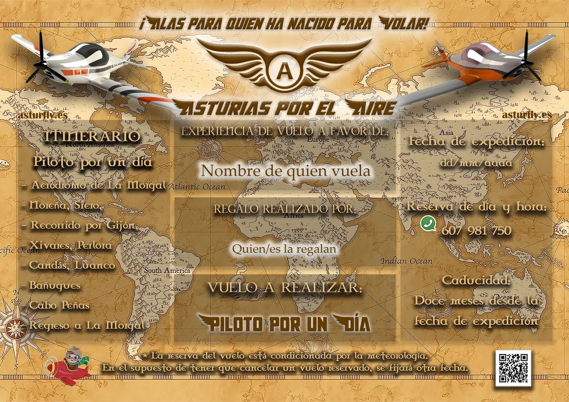 Tarjeta Regalo de Asturfly sobre un mapa antiguo, con el itinerario del vuelo, el nombre de quien vuela y el de quien lo regala