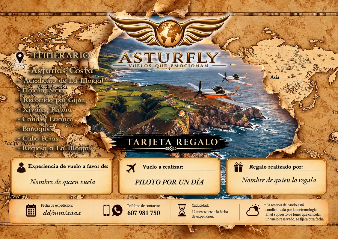 Tarjeta Regalo de Asturfly sobre un mapa antiguo, con el itinerario del vuelo, el nombre de quien vuela y el de quien lo regala