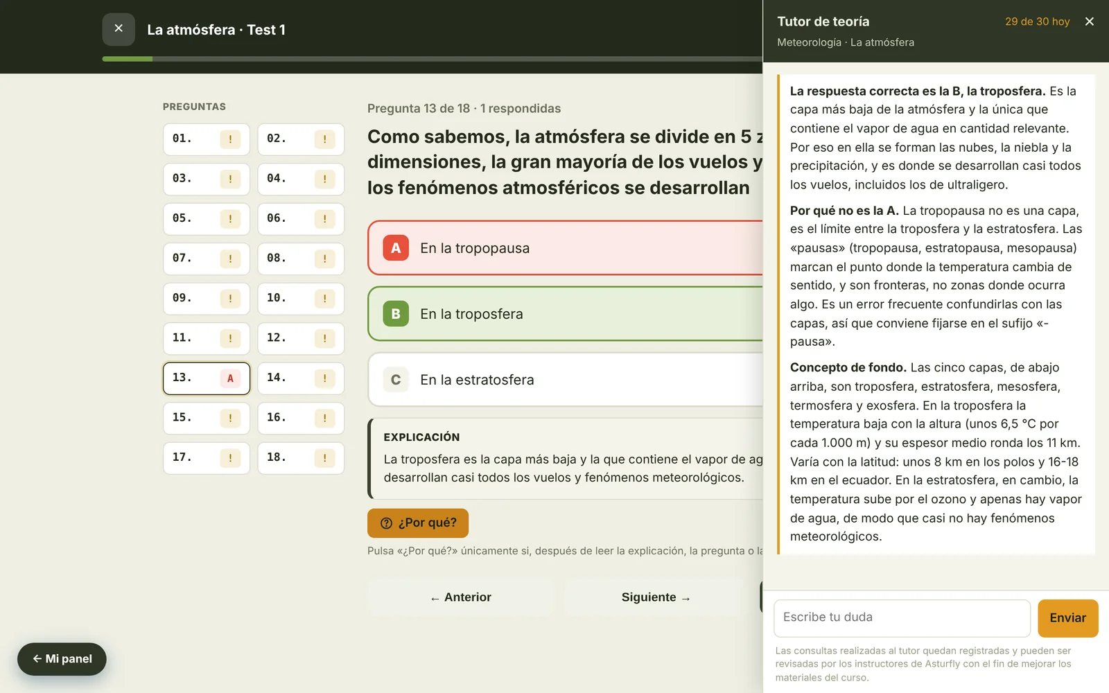 Tutor de teoría de Asturfly Academy explicando una pregunta de meteorología sobre las capas de la atmósfera