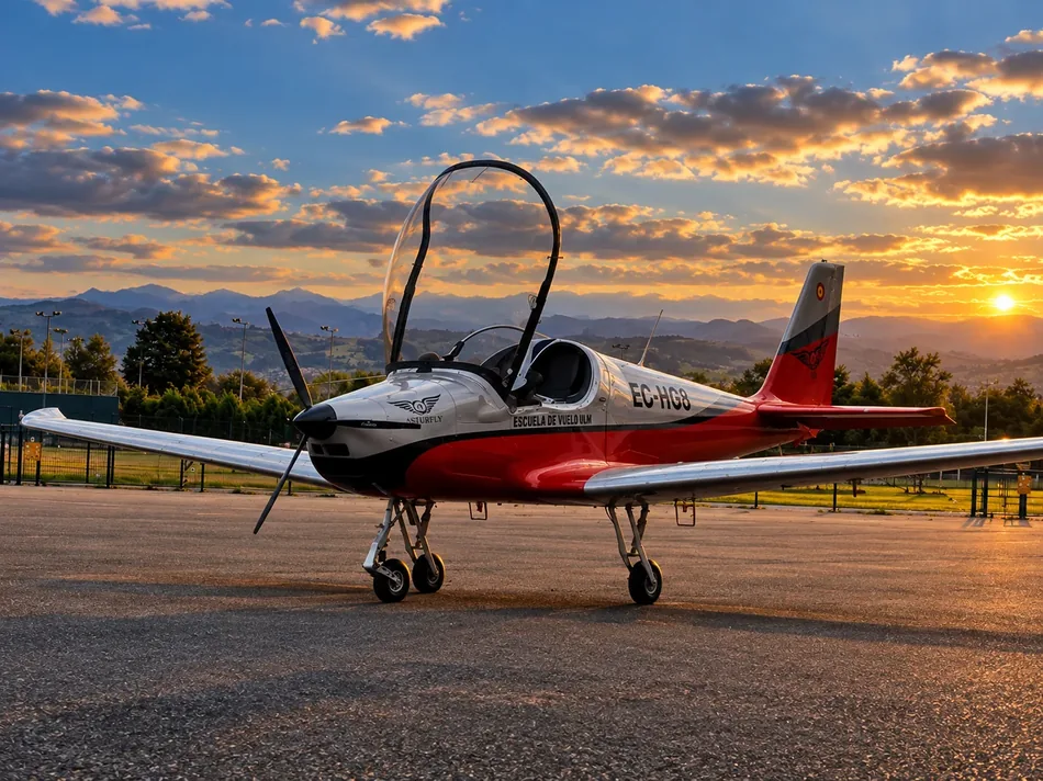 Cabina de un ultraligero Skyleader de Asturfly con los dos asientos uno al lado del otro y los cascos colgados