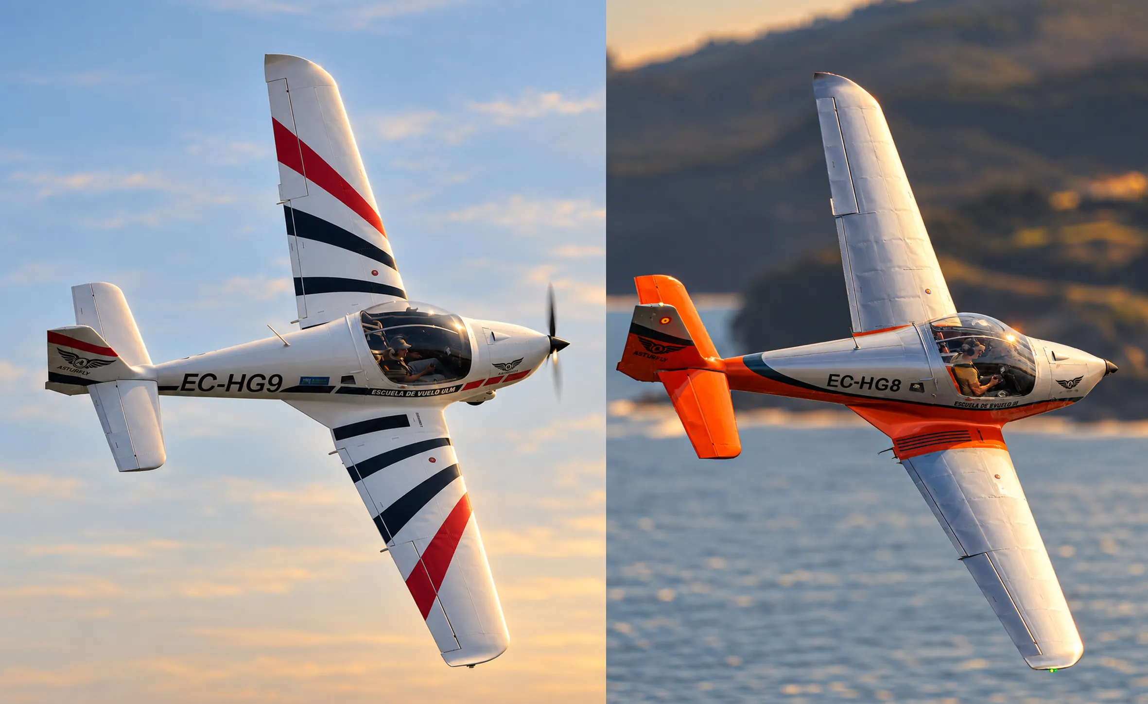 Los dos Skyleader de Asturfly, el EC-HG9 y el EC-HG8, virando al atardecer